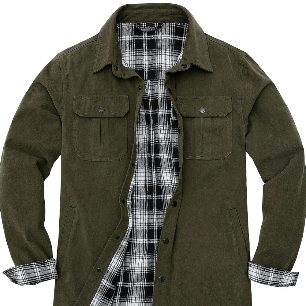 Green Lightweight Shirt Jacket with Plaid Lining